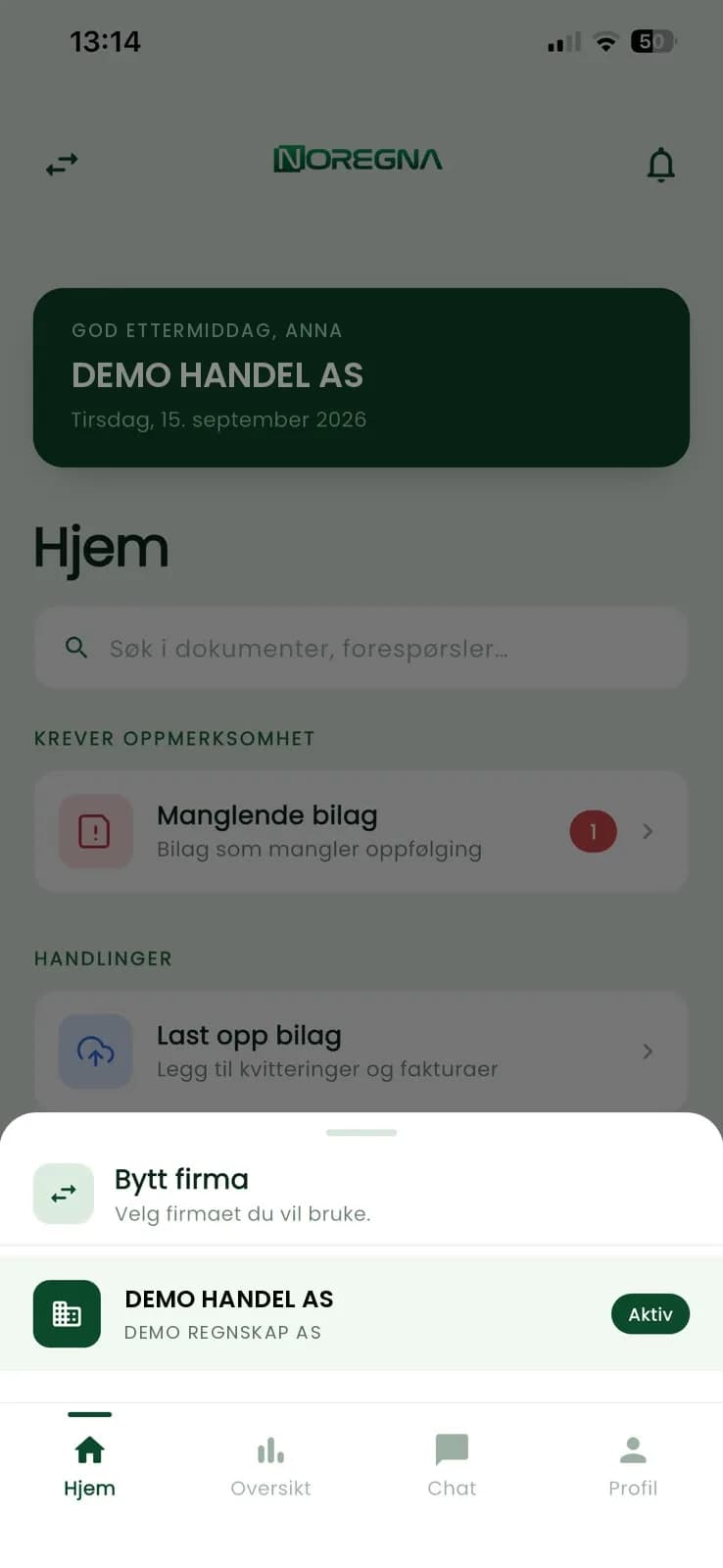 Bytt firma: velg hvilket firma du vil bruke