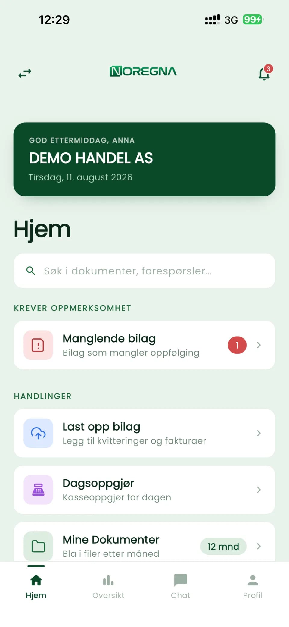 Hjem-skjermen i Noregna Kundeportal med varsel om manglende bilag og snarveier til opplasting, dagsoppgjør og dokumenter