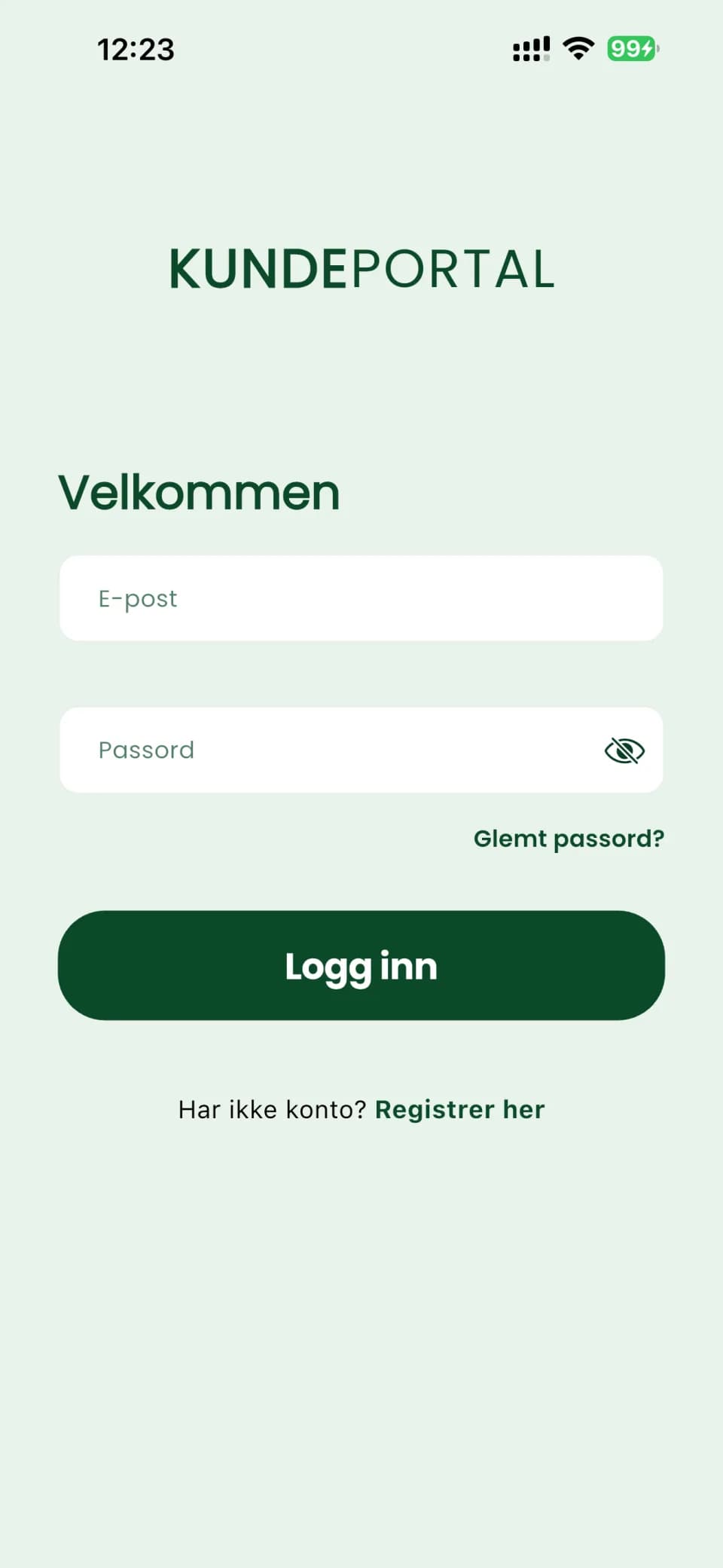 Innloggingsskjermen i Noregna Kundeportal