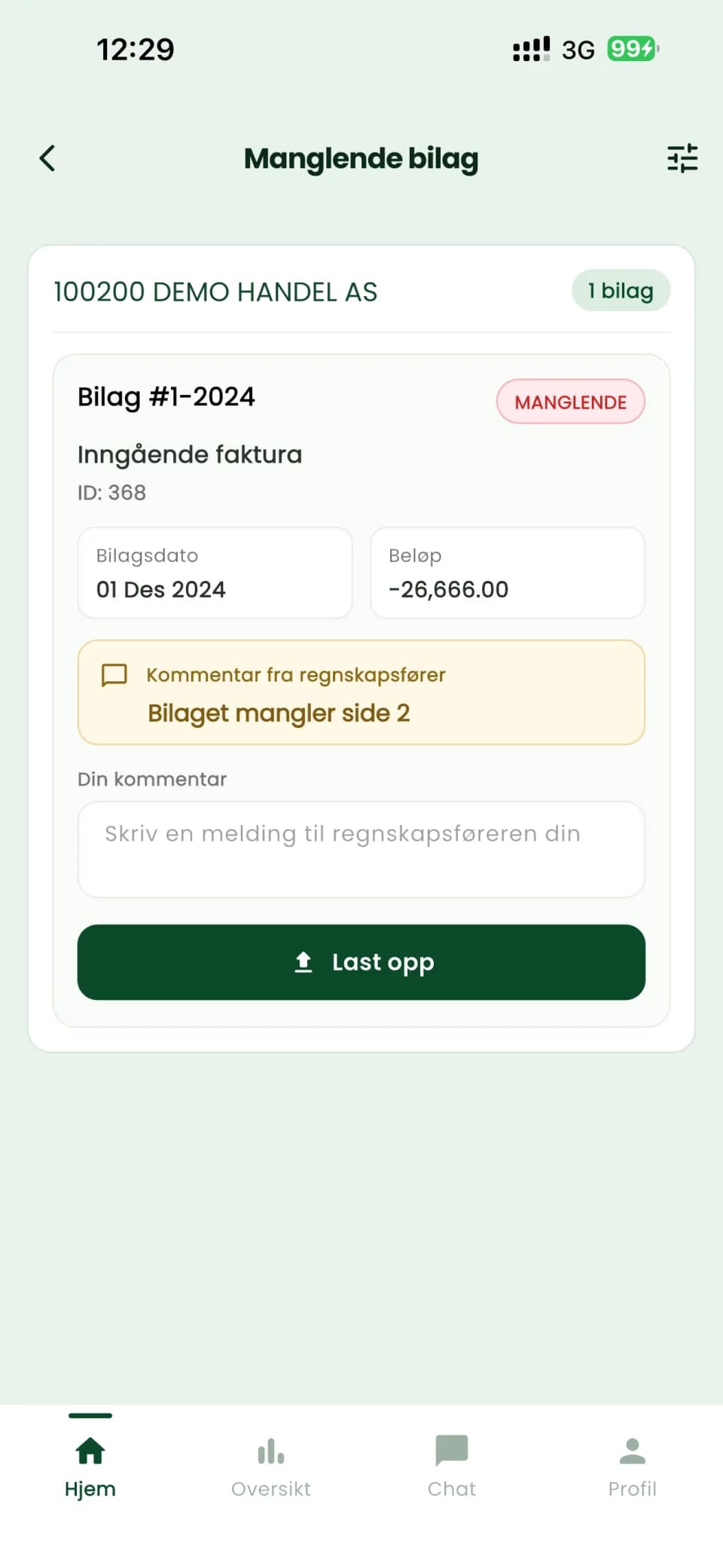 Skjermen for manglende bilag, med kommentar fra regnskapsføreren og knapp for å laste opp