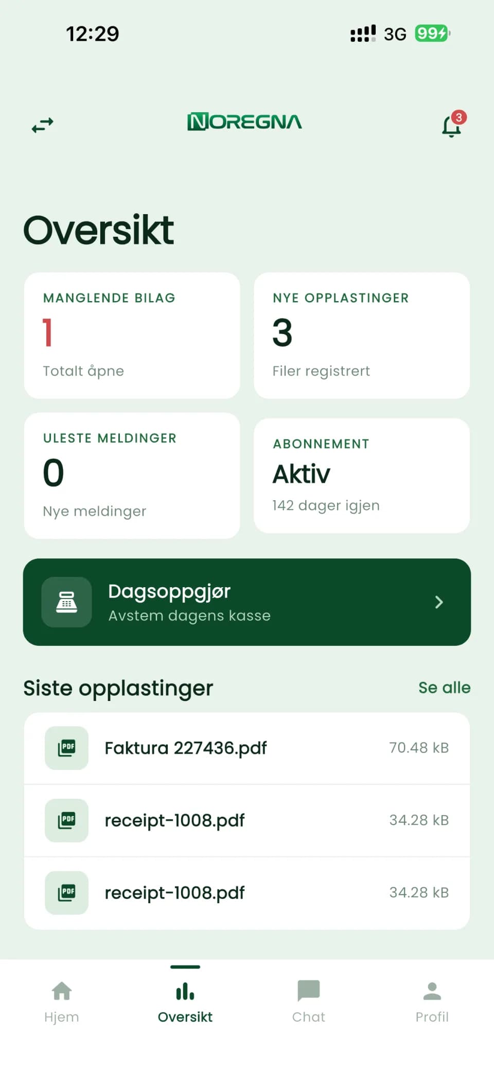 Oversikt-skjermen med nøkkeltall for manglende bilag, nye opplastinger, uleste meldinger og abonnement